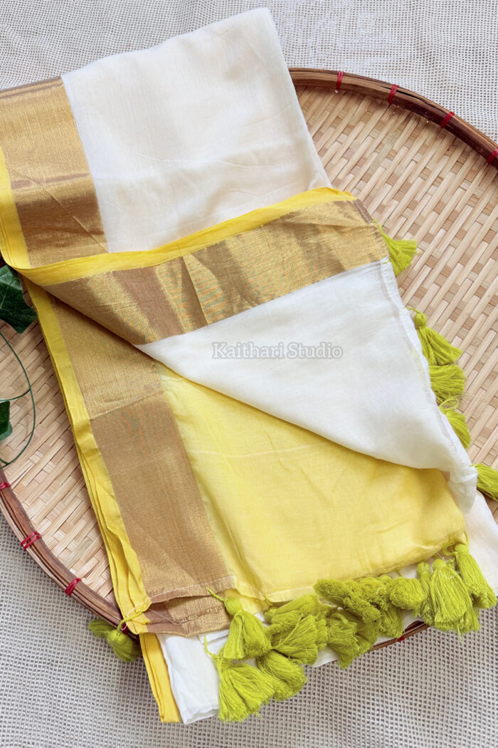Onam Special Mul Cotton - Yellow Border- KS061