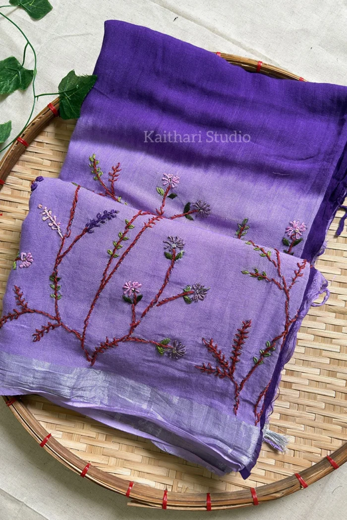 Hand Embroidered Linen Cotton Saree- Lavender - KS082
