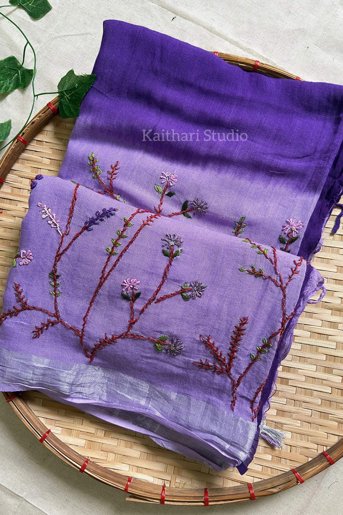 Hand Embroidered Linen Cotton Saree- Lavender - KS082