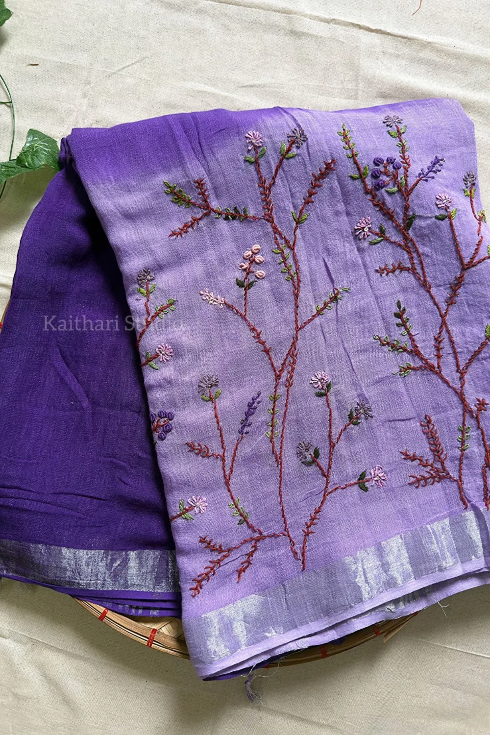 Hand Embroidered Linen Cotton Saree- Lavender - KS082 - Image 2
