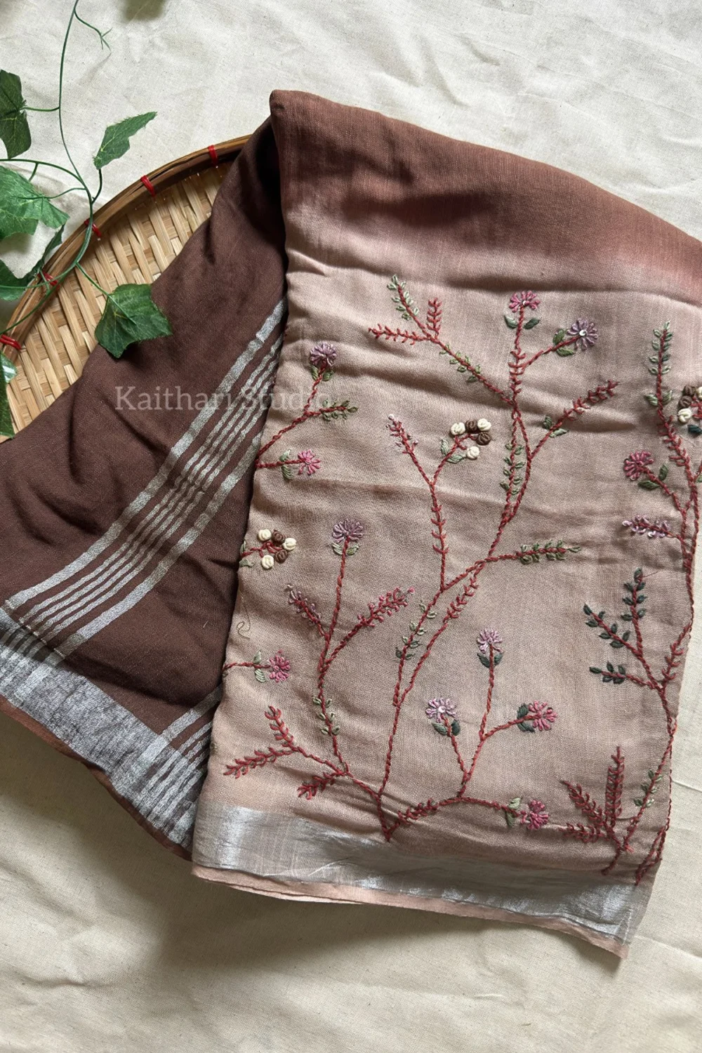 Hand Embroidered Linen Cotton Saree- Brown - KS084 - Image 2