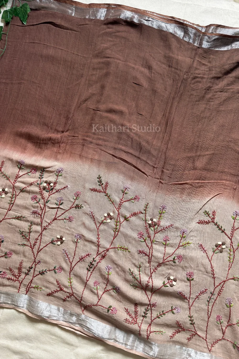Hand Embroidered Linen Cotton Saree- Brown - KS084 - Image 3