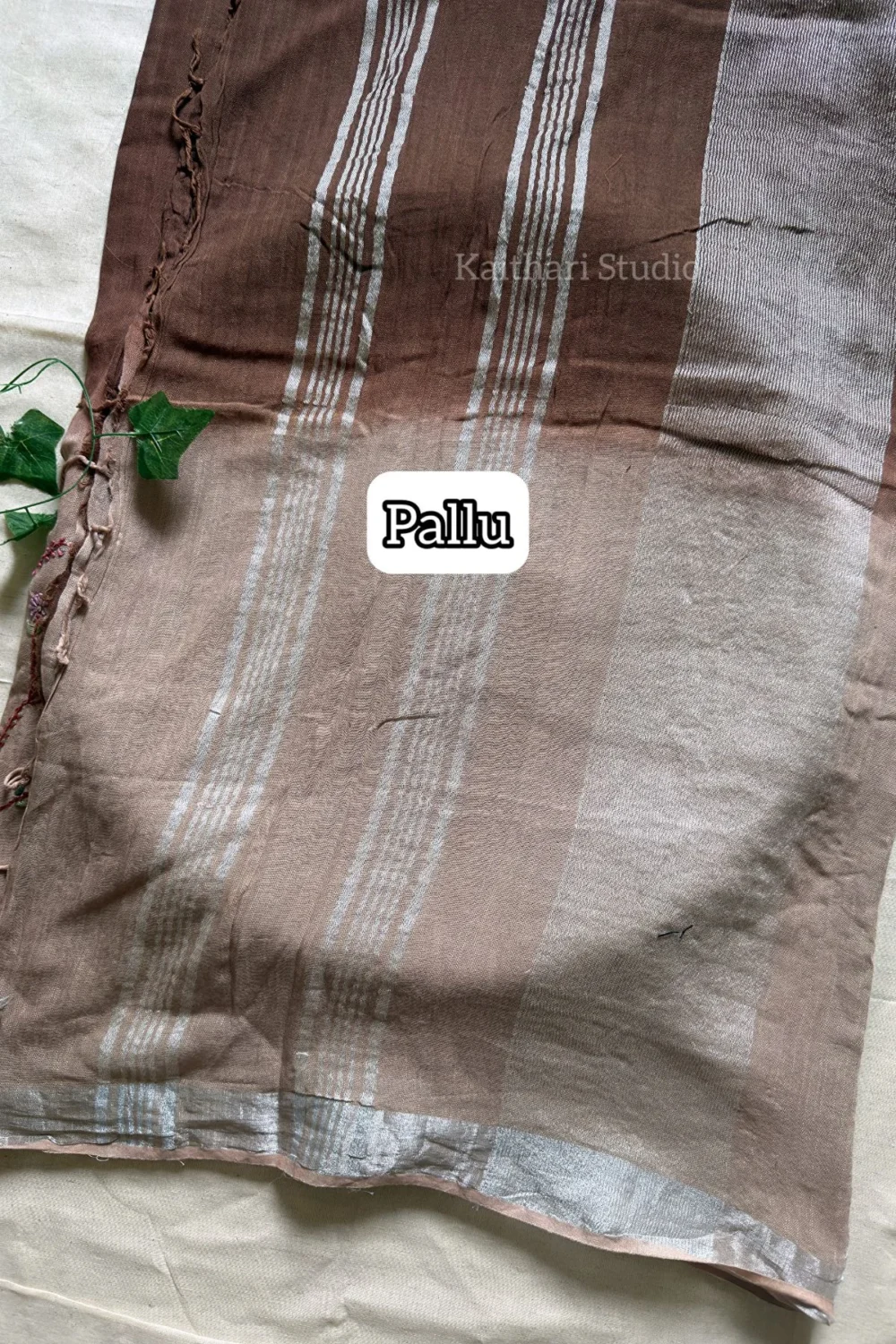 Hand Embroidered Linen Cotton Saree- Brown - KS084 - Image 4