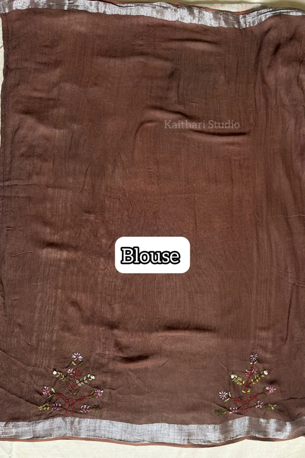 Hand Embroidered Linen Cotton Saree- Brown - KS084 - Image 5