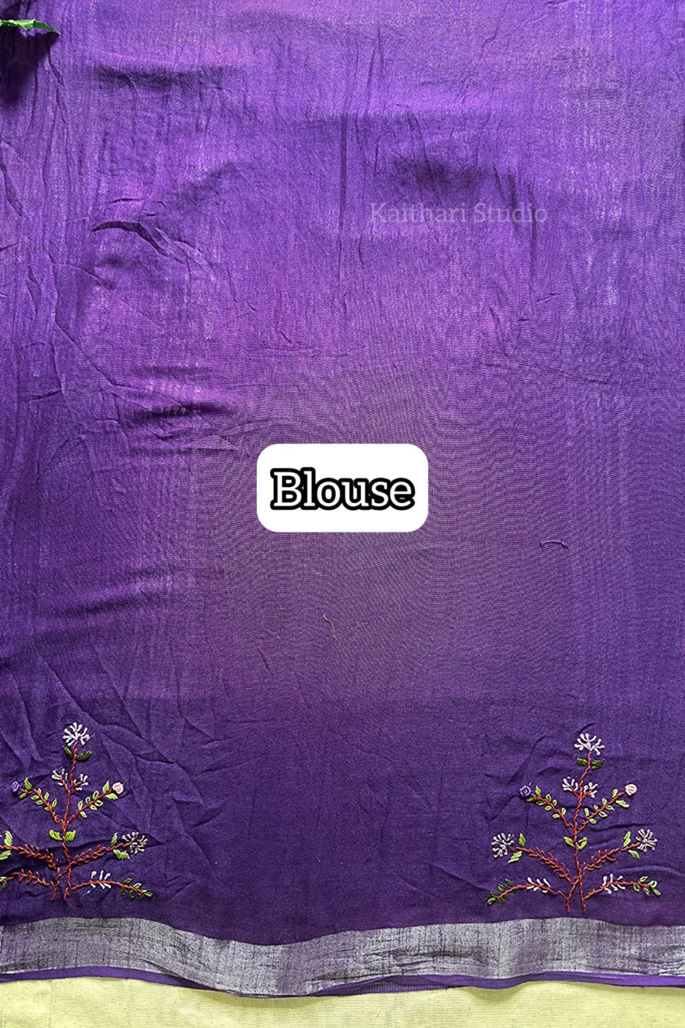 Hand Embroidered Linen Cotton Saree- Lavender - KS082 - Image 5