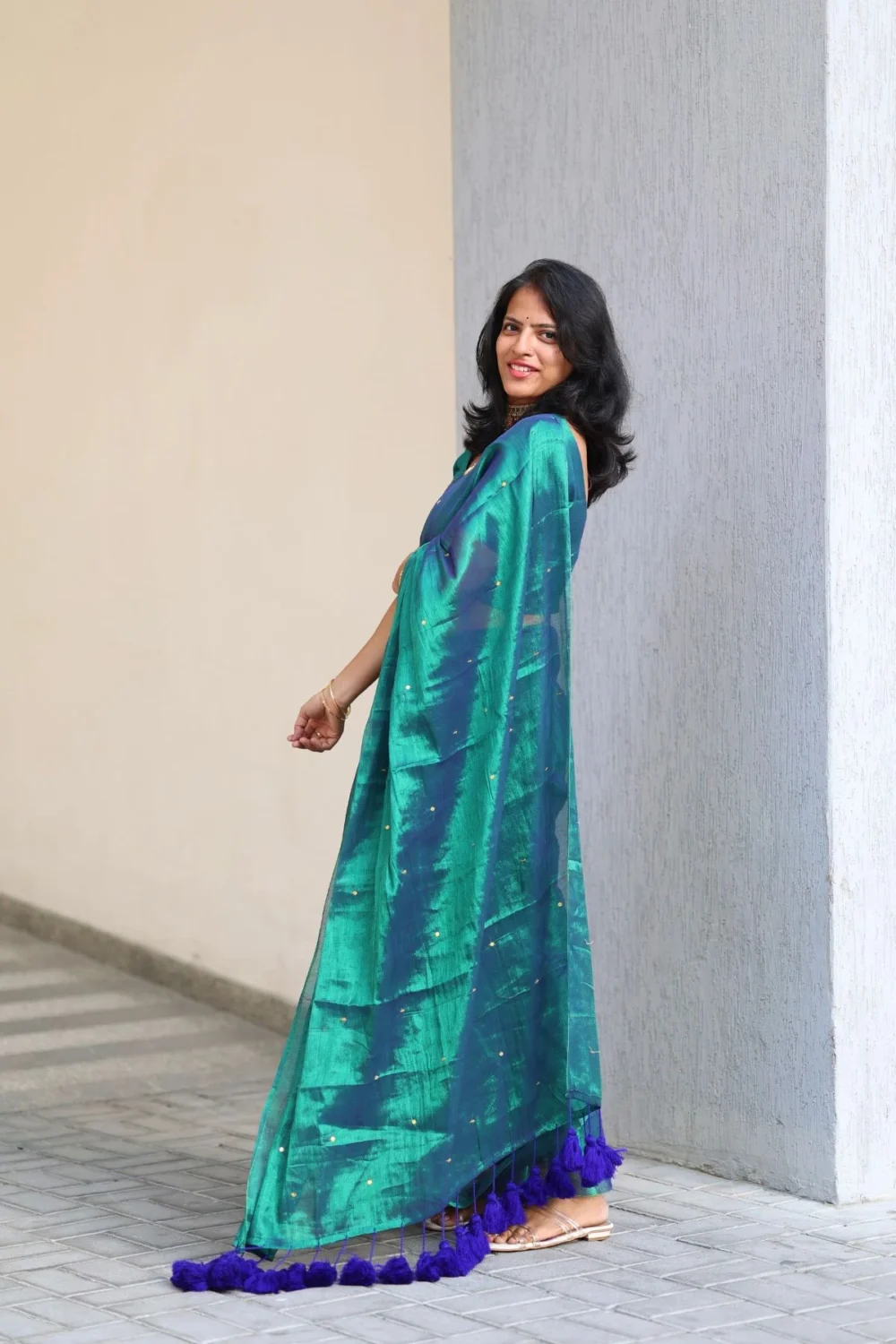 Premium Quality Tissue Saree - Peacock Green - KS074 - Image 6