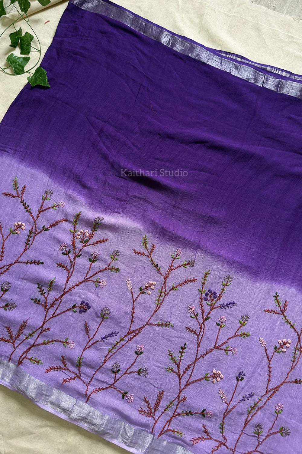 Hand Embroidered Linen Cotton Saree- Lavender - KS082 - Image 3
