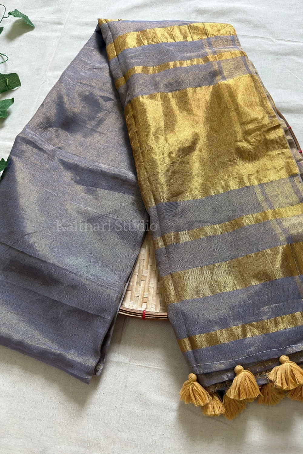 Linen Zari Tissue Saree – Ash – <span>KS086</span> - Image 2