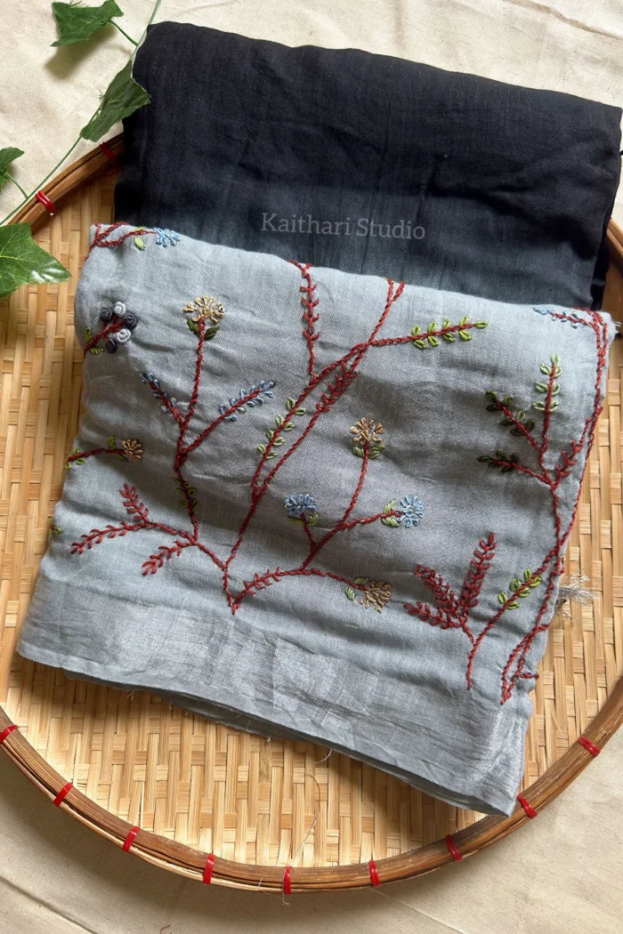 Hand Embroidered Linen Cotton Saree- Black - KS083