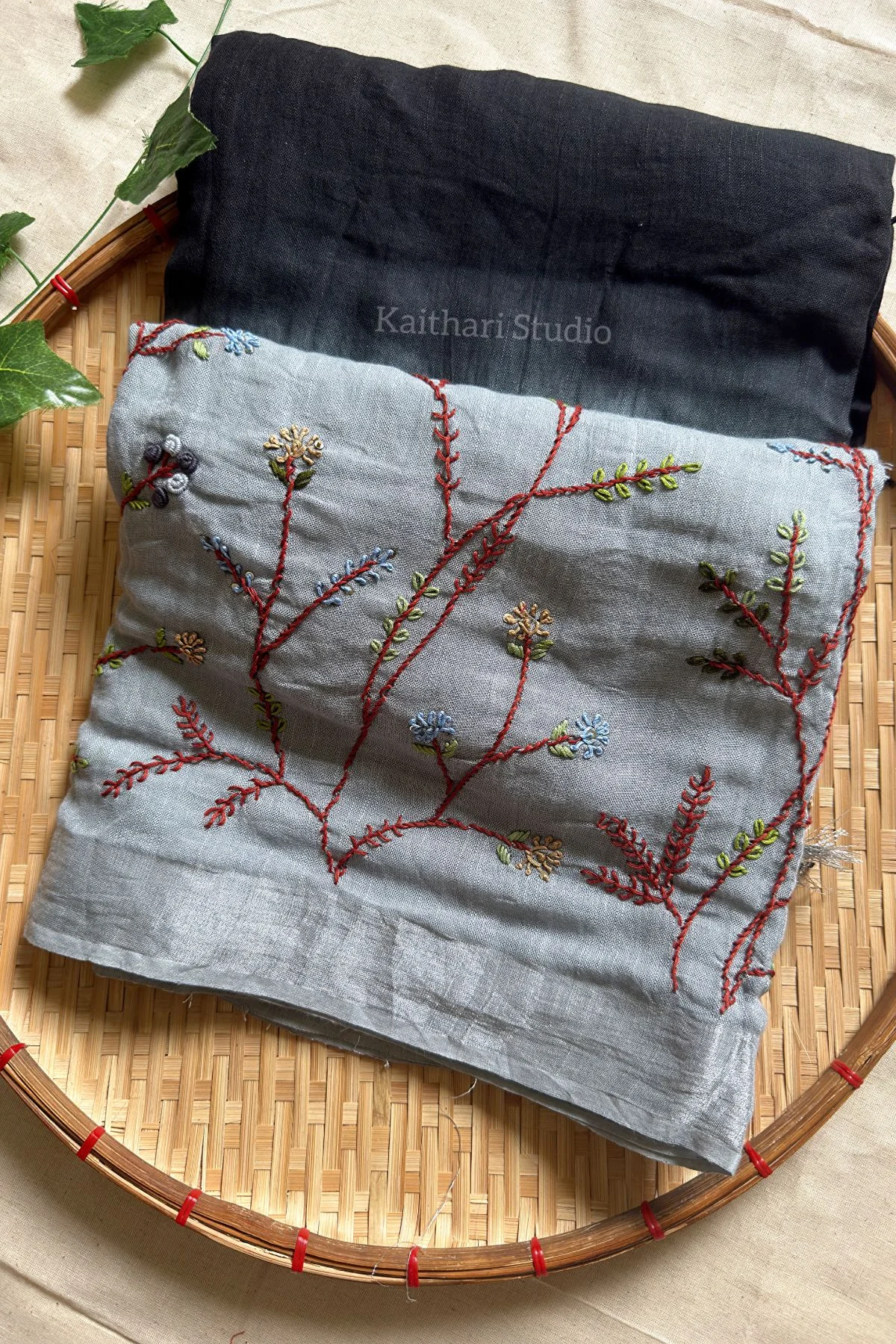 Hand Embroidered Linen Cotton Saree- Black - KS083