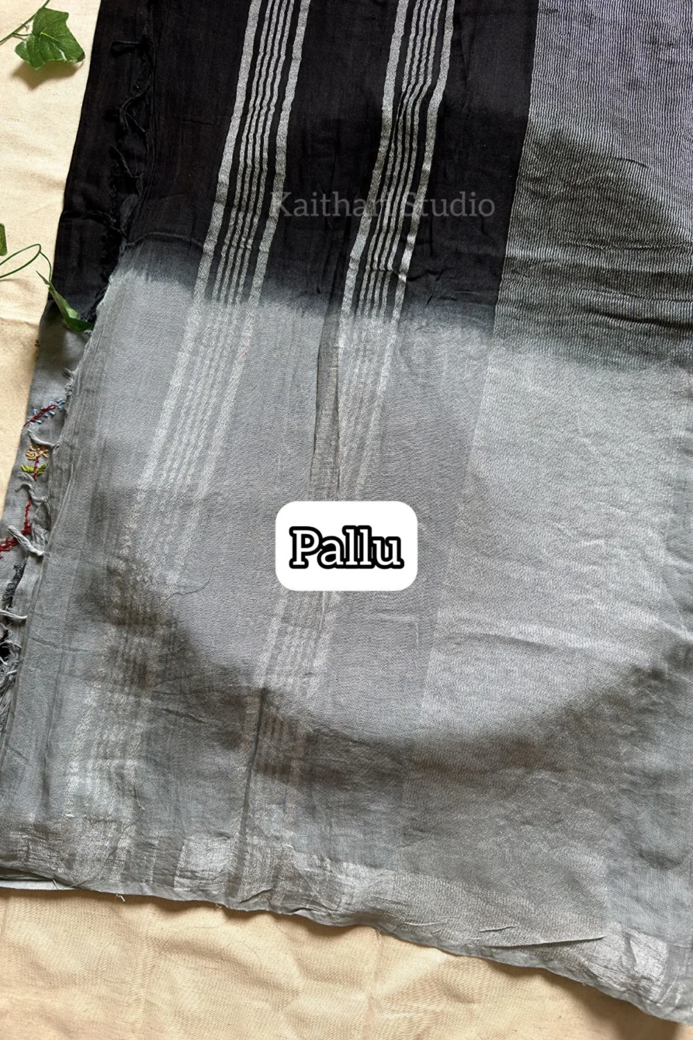 Hand Embroidered Linen Cotton Saree- Black - KS083 - Image 4