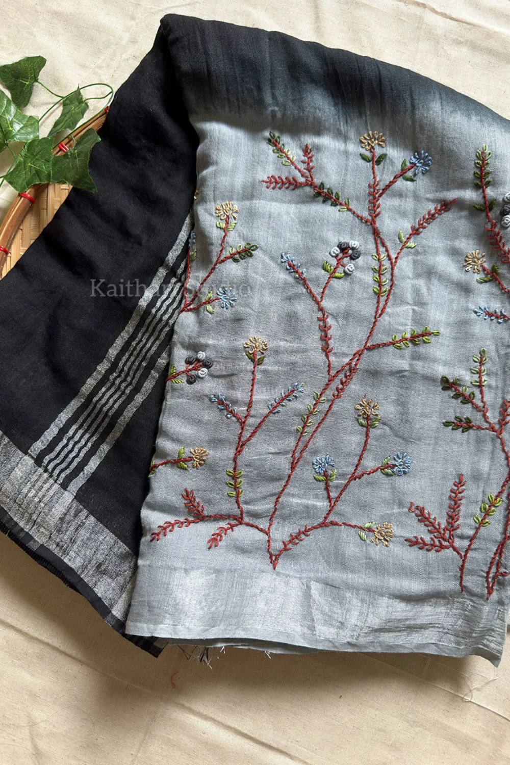 Hand Embroidered Linen Cotton Saree- Black - KS083 - Image 2