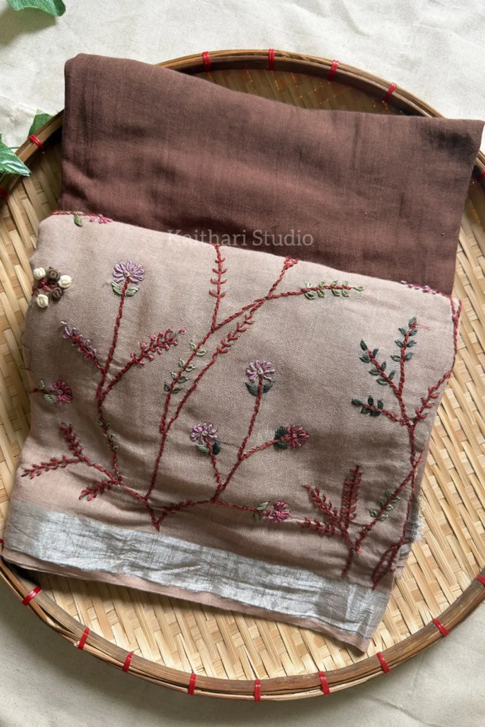 Hand Embroidered Linen Cotton Saree- Chocolate- KS084