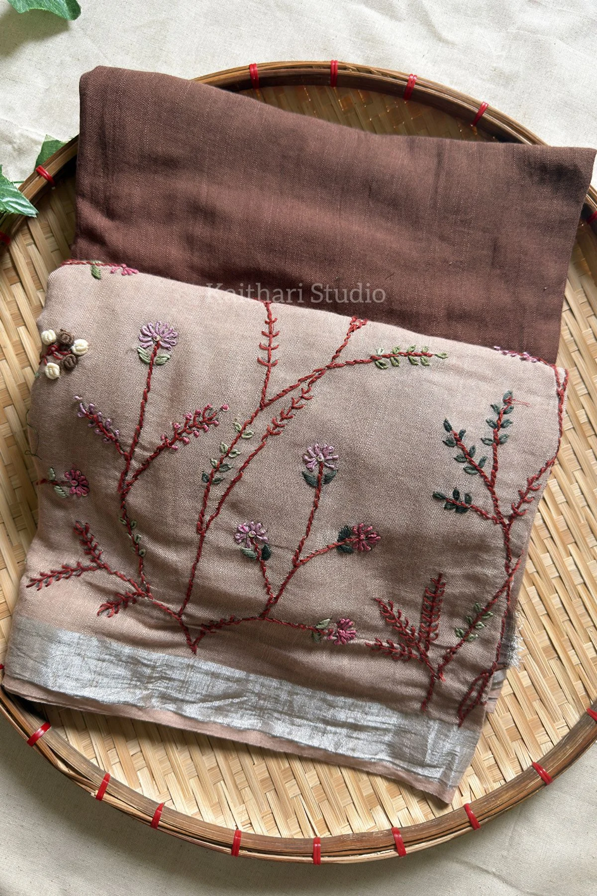 Hand Embroidered Linen Cotton Saree- Brown - KS084