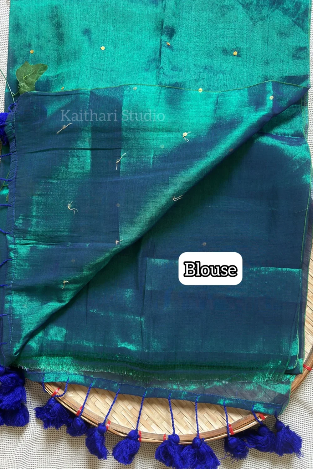 Premium Quality Tissue Saree - Peacock Green - KS074 - Image 2