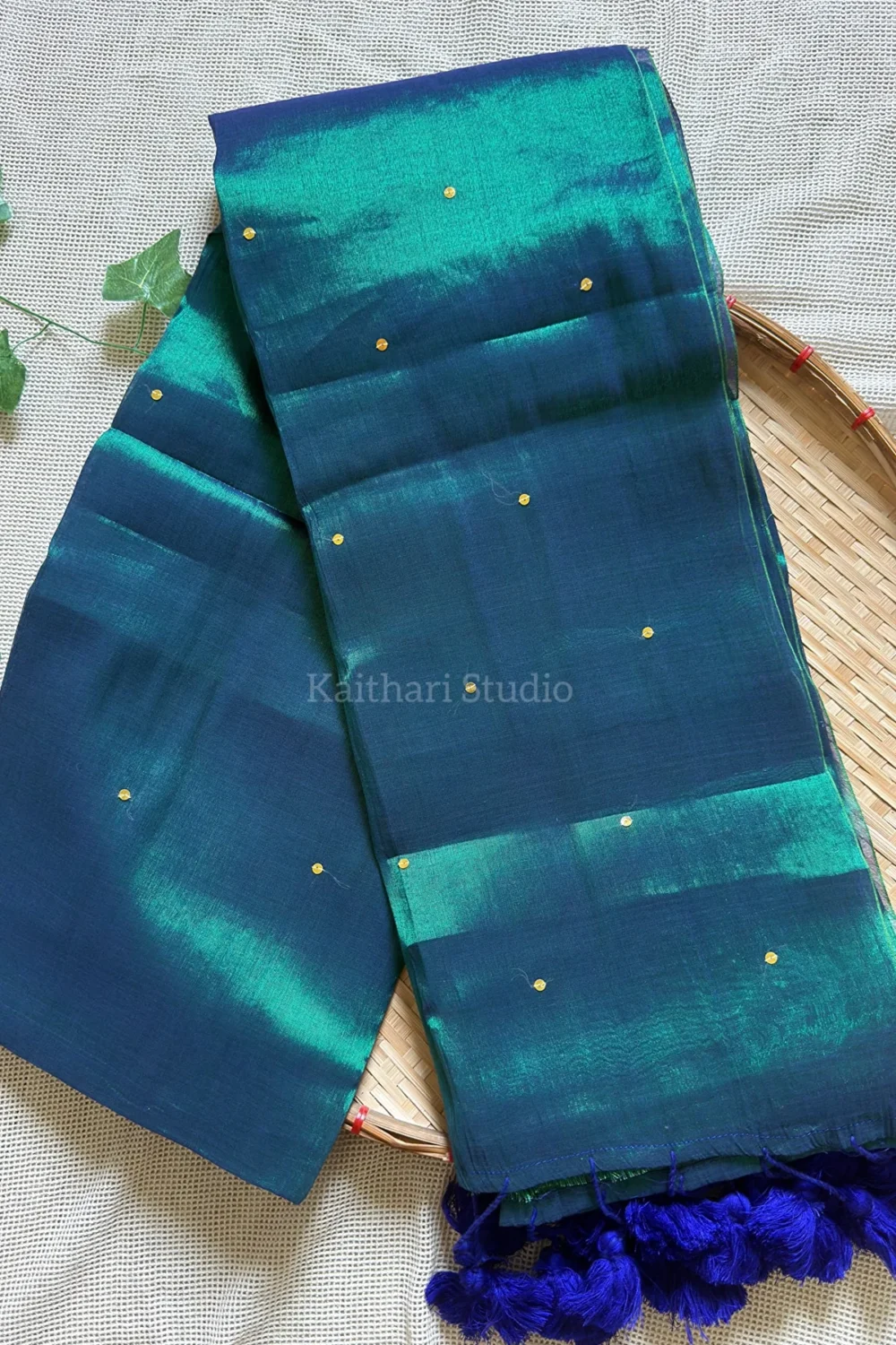 Premium Quality Tissue Saree - Peacock Green - KS074 - Image 4