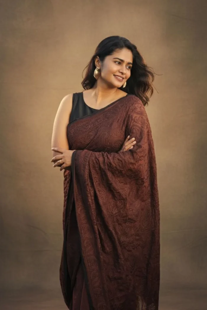 Chikankari Embroidery Mul Cotton Saree - Brown - KS098