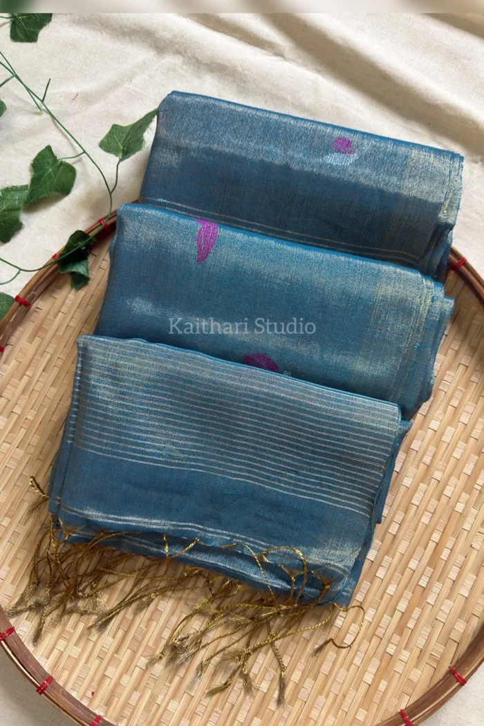 Handloom Tulip Linen Zari Saree  - Blue -KS105