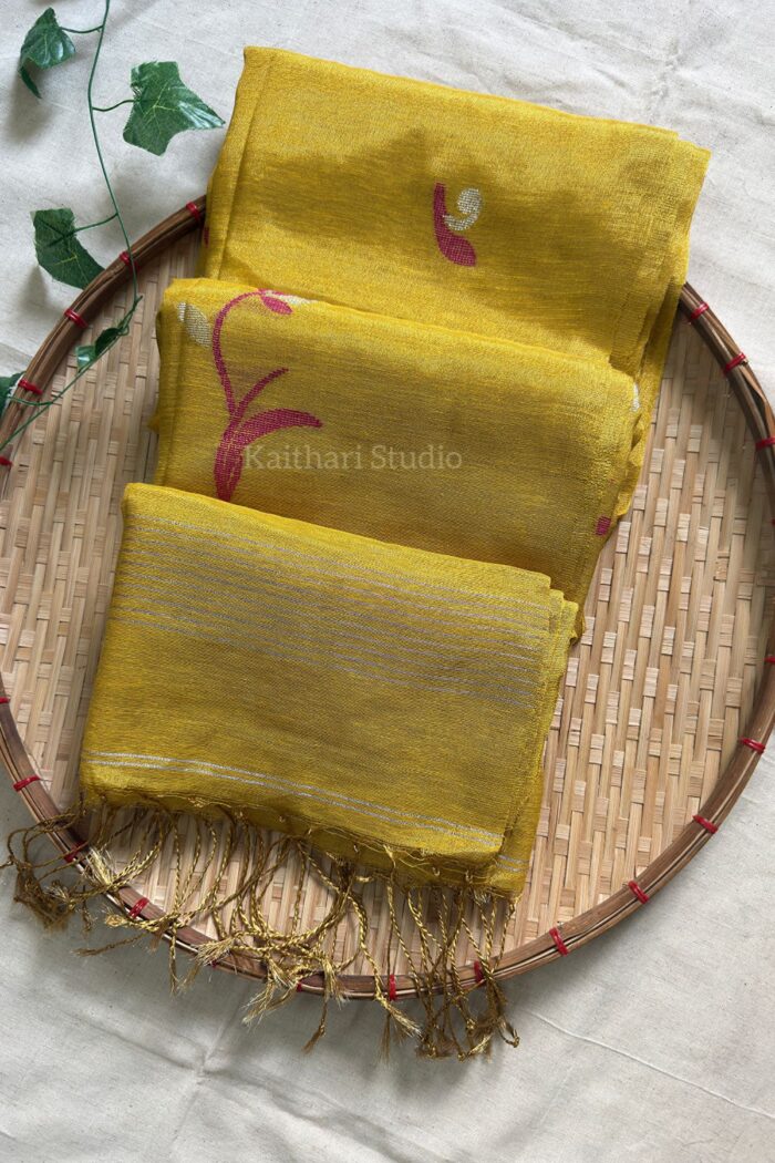 Handloom Tulip Linen Zari Saree - Yellow - KS108