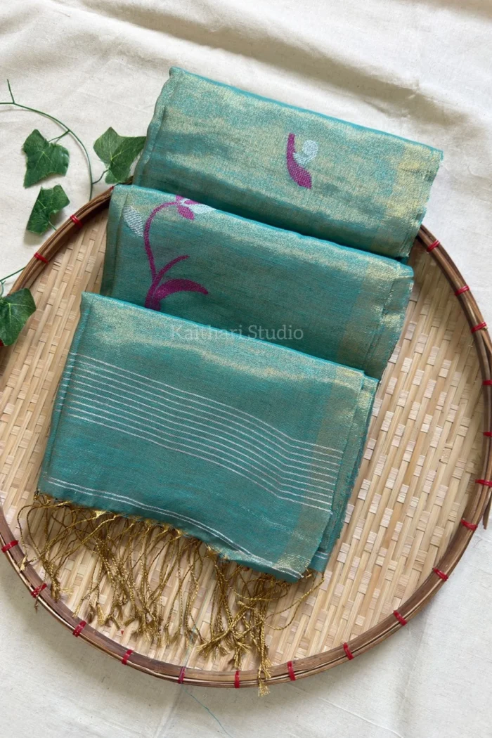 Handloom Tulip Linen Zari Saree  - Aqua Green  - KS106