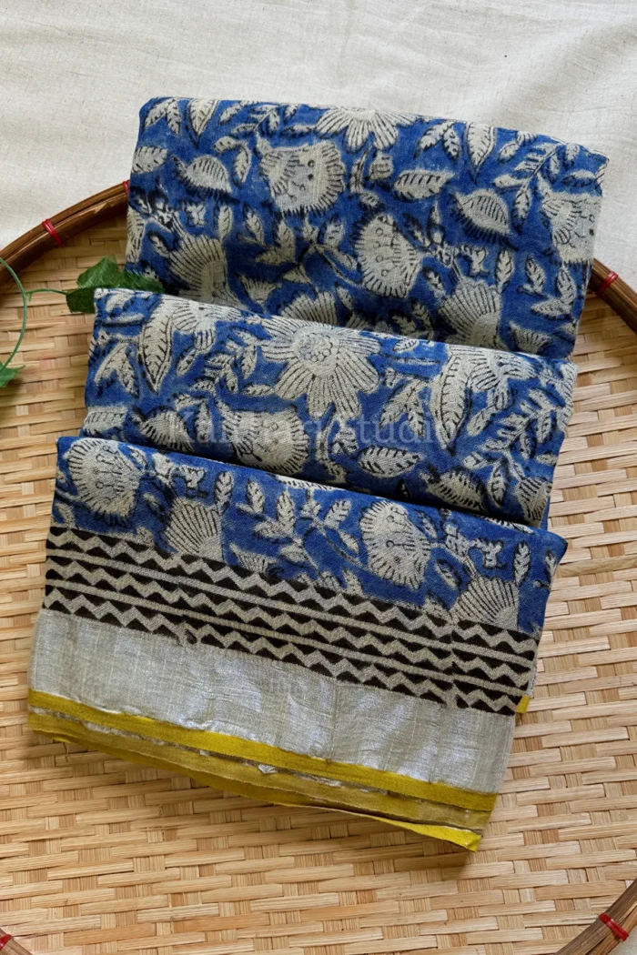 Handblock Printed Linen Cotton - Blue with Sandal <span>KS117</span>