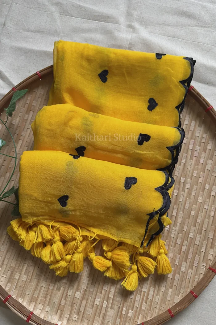Heart Embroidery Mul Cotton Sarees – Yellow<span>- KS115</span>