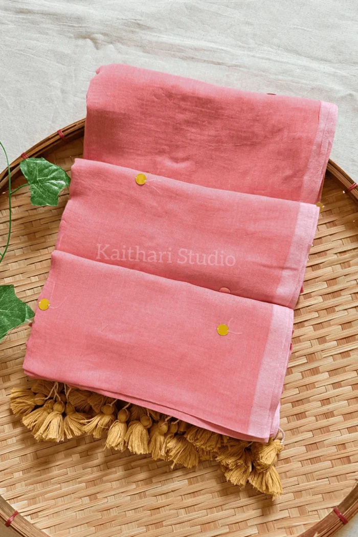 Rashmika Mandanna Inspired Mul Cotton Sequins Saree – Light Peach KS129