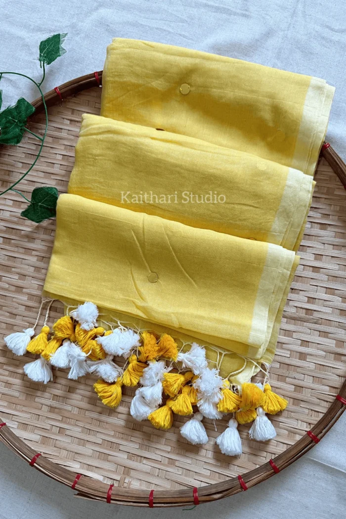 Rashmika Mandanna Inspired Saree Mul Cotton Sequins Saree – Yellow <span>KS131</span>