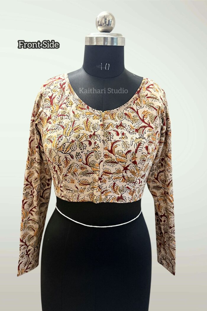 Kalamkari Handblock Printed Stretchable Readymade Blouse - Cream - <span>KS144</span>
