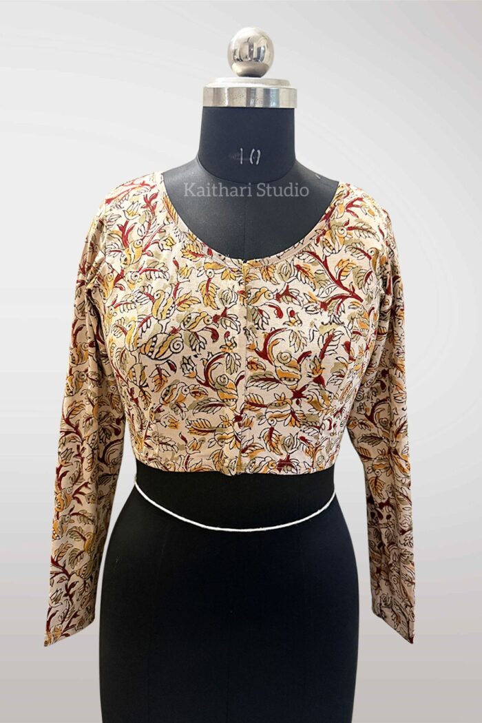 Kalamkari Handblock Printed Stretchable Readymade Blouse - Cream - <span>KS144</span>