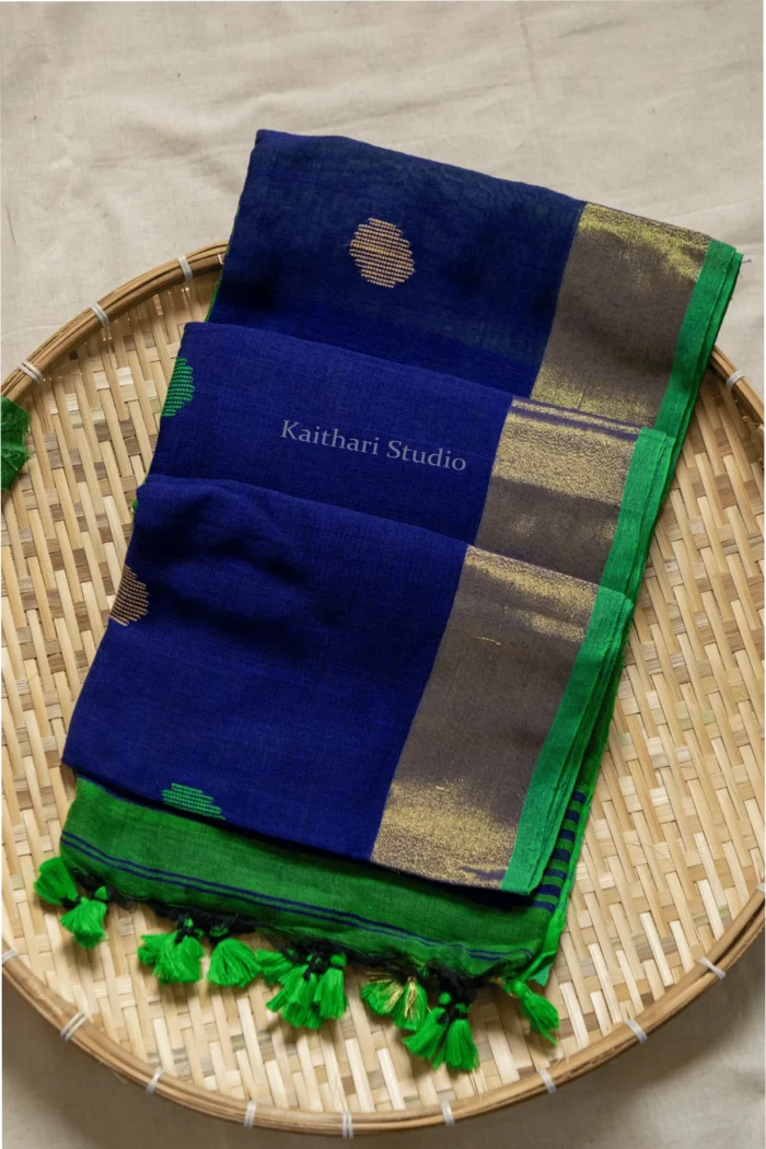 Ball Butta Khadi cotton – Dark Blue with Green - KS154