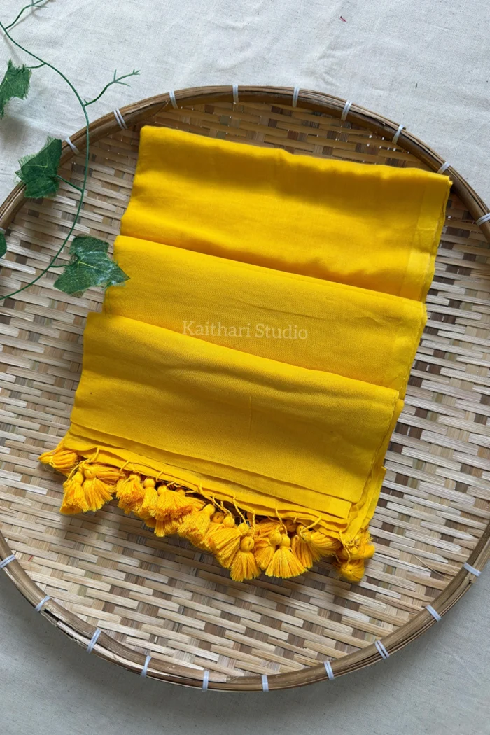 Manju Warrier inspired Yellow Plain Mul Cotton Saree - KS169