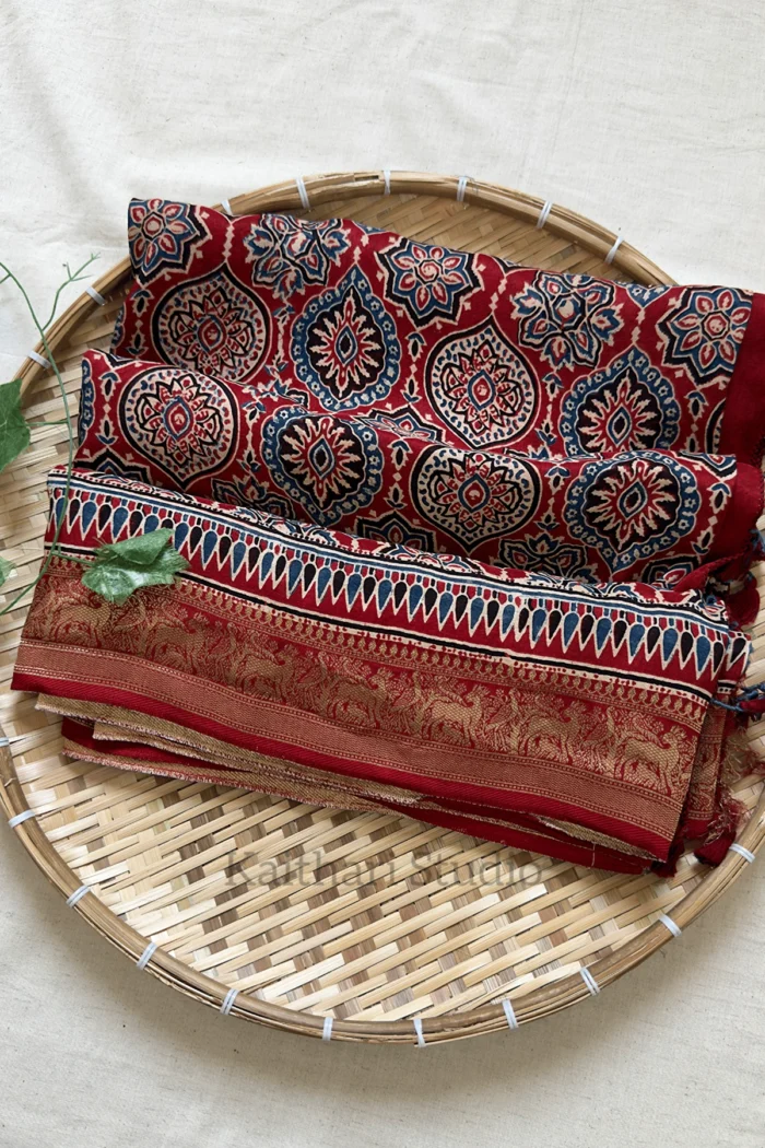 Ajrakh Handblock Printed Pure Dola Silk Saree - Red – KS165