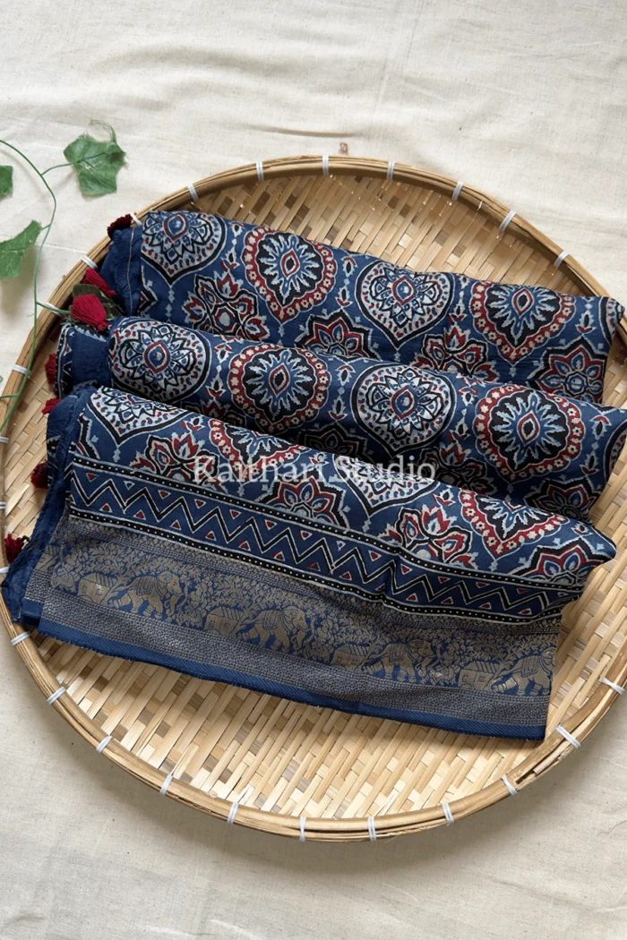 Ajrakh Handblock Printed Pure Dola Silk Saree - Indigo blue – KS164