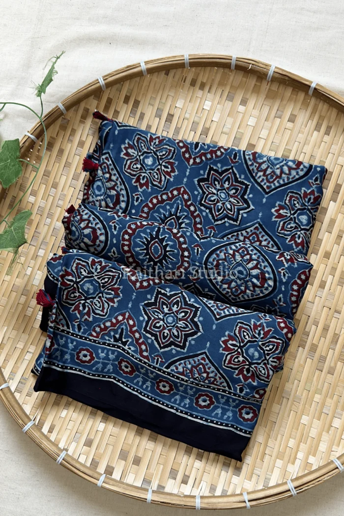 Ajrakh Handblock Printed Pure Modal Silk Saree - Blue – KS168