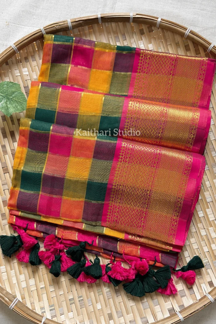 Multicolour Checks Mul Cotton Saree – KS175