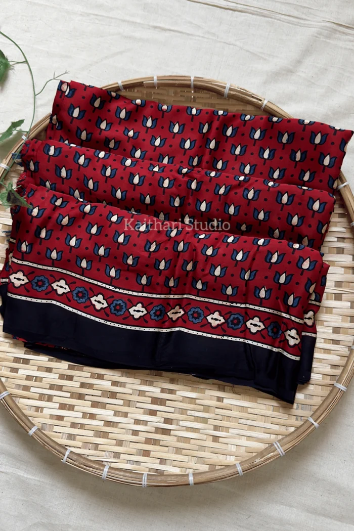 Ajrakh Handblock Printed Pure Modal Silk Saree With handtsitched Mirror- Reddish Maroon – KS167