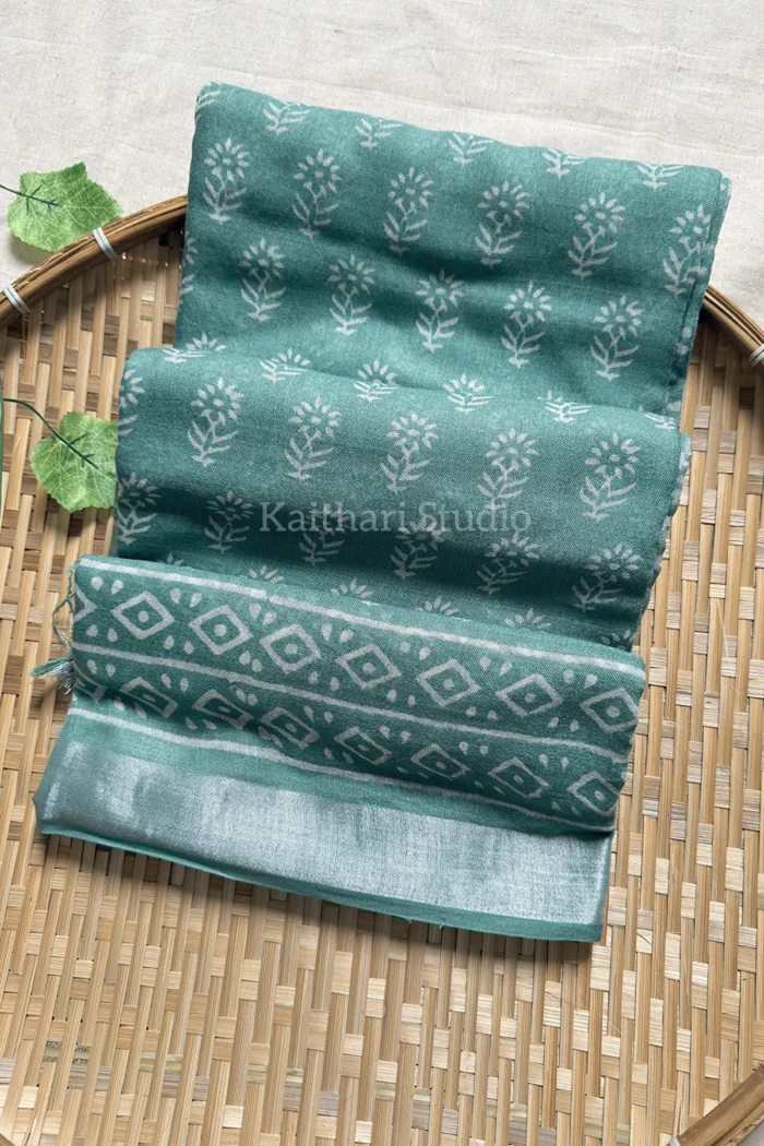 Handblock Printed Linen Cotton –  Aqua Green - KS178